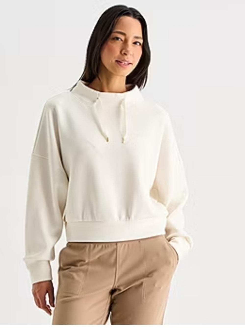 Womens Cropped Cream Drawstring Sweatshirt